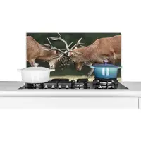 KitchenYeah Spatscherm keuken 90x45 cm - Kookplaat achterwand Herten - Gewei - Vechten - Muurbeschermer - Spatwand fornuis - Hoogwaardig aluminium