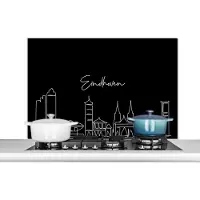 KitchenYeah Spatscherm keuken 100x65 cm - Kookplaat achterwand Line art - Skyline - Eindhoven - Nederland - Zwart wit - Muurbeschermer - Spatwand fornuis - Hoogwaardig aluminium