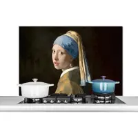 KitchenYeah - Spatwand - Schilderij - Meisje met de parel - Vermeer - Oude meesters - Spatscherm - Keuken - Muurbeschermer - 100x65 cm - Wanddecoratie