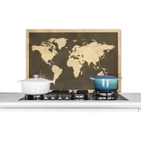 KitchenYeah Spatscherm keuken 80x55 cm - Kookplaat achterwand Wereldkaart - Hout - Vintage - Muurbeschermer - Spatwand fornuis - Hoogwaardig aluminium