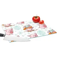 KitchenYeah Glazen Snijplank - 39x28 - Winter - Varkens - Sneeuw - Patroon - Skiën - Snijplanken Glas