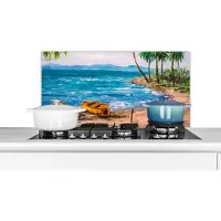 KitchenYeah Spatscherm keuken 80x40 cm - Kookplaat achterwand Schilderij - Olieverf - Strand - Palmboom - Boot - Muurbeschermer - Spatwand fornuis - Hoogwaardig aluminium