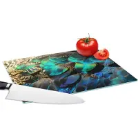 KitchenYeah Glazen Snijplank - 28x20 - Veren - Pauwveren - Pauw - Blauw - Kunst - Snijplanken Glas