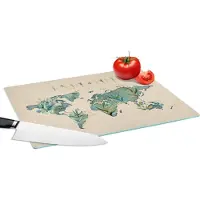 KitchenYeah Glazen Snijplank - 39x28 - Wereldkaart - Planten - Turquoise - Snijplanken Glas