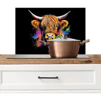 KitchenYeah Spatscherm keuken 70x50 cm - Kookplaat achterwand Schotse Hooglander - Graffiti - Kleurrijk - Bloem - Dieren - Muurbeschermer - Spatwand fornuis - Hoogwaardig aluminium