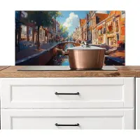 KitchenYeah Spatscherm keuken 90x45 cm - Kookplaat achterwand Stad - Gracht - Zon - Fietsen - Muurbeschermer - Spatwand fornuis - Hoogwaardig aluminium