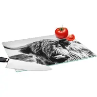 KitchenYeah Glazen Snijplank - 39x28 - Koe - Schotse hooglander - Zwart - Wit - Dier - Natuur - Wild - Snijplanken Glas