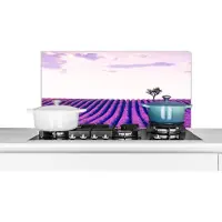 KitchenYeah - Spatscherm - Spatwand kookplaat - Lavendel - Boom - Lucht - Paars - Bloemen - Keuken decoratie - 80x40 cm - Muurbeschermer - Achterwand keuken