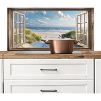 KitchenYeah Spatscherm keuken 100x50 cm - Kookplaat achterwand Doorkijk - Strand - Raam - Duinen - Zee - Muurbeschermer - Spatwand fornuis - Hoogwaardig aluminium