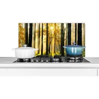KitchenYeah Spatscherm keuken 90x45 cm - Kookplaat achterwand Bos - Zon - Bomen - Gras - Landschap - Natuur - Muurbeschermer - Spatwand fornuis - Hoogwaardig aluminium