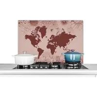 KitchenYeah Spatscherm keuken 80x55 cm - Kookplaat achterwand Wereldkaart - Bloemen - Rood - Muurbeschermer - Spatwand fornuis - Hoogwaardig aluminium