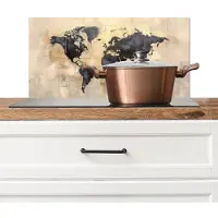 KitchenYeah Spatscherm keuken 70x30 cm - Kookplaat achterwand Wereldkaart - Goud - Zwart - Abstract - Muurbeschermer - Spatwand fornuis - Hoogwaardig aluminium