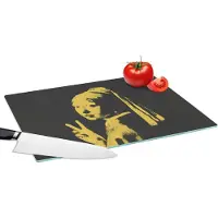 KitchenYeah Glazen Snijplank - 39x28 - Meisje met de parel - Geel - Zwart - Snijplanken Glas