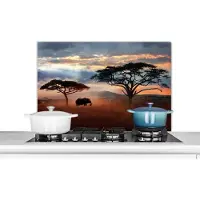 KitchenYeah Spatscherm keuken 80x55 cm - Kookplaat achterwand Olifant - Boom - Berg - Afrika - Muurbeschermer - Spatwand fornuis - Hoogwaardig aluminium