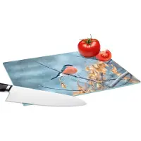KitchenYeah Glazen Snijplank - 28x20 - Roodborstje - Vogel - Sneeuw - Herfstbladeren - Snijplanken Glas