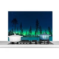 KitchenYeah Spatscherm keuken 100x65 cm - Kookplaat achterwand Noorderlicht - Sneeuw - Bomen - Natuur - Groen - Muurbeschermer - Spatwand fornuis - Hoogwaardig aluminium
