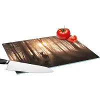 KitchenYeah Glazen Snijplank - 39x28 - Bos - Hert - Zon - Bomen - Winter - Natuur - Dieren - Snijplanken Glas