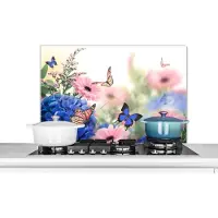 KitchenYeah Spatscherm - Muurbeschermer - Vlinder - Insecten - Bloemen - 80x55 cm - Spatscherm vlinder - Spatwand - Keuken achterwand