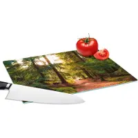 KitchenYeah Glazen Snijplank - 28x20 - Bos - Pad - Bomen - Groen - Zon - Natuur - Snijplanken Glas