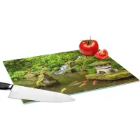 KitchenYeah Glazen Snijplank - 39x28 - Waterval - Koi - Japanse lantaarn - Mos - Water - Snijplanken Glas