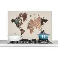 KitchenYeah Spatscherm keuken 100x65 cm - Kookplaat achterwand Wereldkaart - Hout - Bruin - Muurbeschermer - Spatwand fornuis - Hoogwaardig aluminium