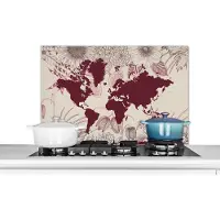 KitchenYeah Spatscherm keuken 80x55 cm - Kookplaat achterwand Wereldkaart - Rood - Bloemen - Muurbeschermer - Spatwand fornuis - Hoogwaardig aluminium
