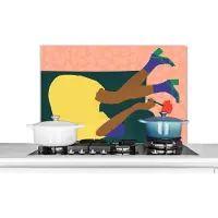 KitchenYeah Spatscherm keuken 90x60 cm - Kookplaat achterwand Vrouw - Bloemen - Retro - Muurbeschermer - Spatwand fornuis - Hoogwaardig aluminium