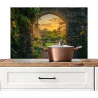 KitchenYeah Spatscherm keuken 80x55 cm - Kookplaat achterwand Poort - Planten - Zonsondergang - Muurbeschermer - Spatwand fornuis - Hoogwaardig aluminium