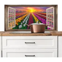 KitchenYeah Spatscherm keuken 100x50 cm - Kookplaat achterwand Doorkijk - Bloemen - Tulpen - Kleurrijk - Zonsondergang - Muurbeschermer - Spatwand fornuis - Hoogwaardig aluminium