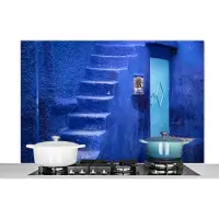 KitchenYeah Spatscherm keuken 120x80 cm - Kookplaat achterwand Architectuur - Blauw - Trap - Deur - Muurbeschermer - Spatwand fornuis - Hoogwaardig aluminium