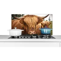 KitchenYeah Spatscherm keuken 90x45 cm - Kookplaat achterwand Schotse Hooglanders - Bruin - Gras - Muurbeschermer - Spatwand fornuis - Hoogwaardig aluminium