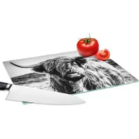 KitchenYeah Glazen Snijplank - 28x20 - Schotse hooglander - Natuur - Koe - Zwart - Wit - Snijplanken Glas