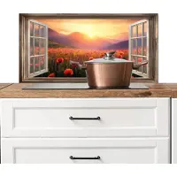 KitchenYeah Spatscherm keuken 80x40 cm - Kookplaat achterwand Doorkijk - Klaprozen - Bloemen - Rood - Open raam - Muurbeschermer - Spatwand fornuis - Hoogwaardig aluminium