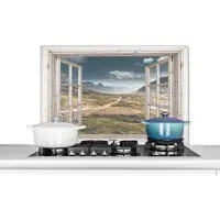KitchenYeah Spatscherm keuken 90x60 cm - Kookplaat achterwand Doorkijk - Berg - Hout - Muurbeschermer - Spatwand fornuis - Hoogwaardig aluminium