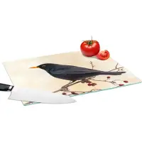 KitchenYeah Glazen Snijplank - 39x28 - Merel - Vogel - Takken - Bes - Rood - Snijplanken Glas