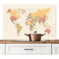 KitchenYeah Spatscherm keuken 120x80 cm - Kookplaat achterwand Wereldkaart - Realistisch - Beige - Muurbeschermer - Spatwand fornuis - Hoogwaardig aluminium