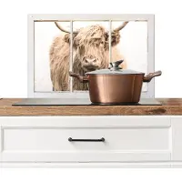 KitchenYeah Spatscherm keuken 70x50 cm - Kookplaat achterwand Schotse hooglander - Doorkijk - Mist - Muurbeschermer - Spatwand fornuis - Hoogwaardig aluminium