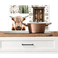 KitchenYeah Spatscherm keuken 70x50 cm - Kookplaat achterwand Schotse hooglander - Collage - Wit - Beige - Muurbeschermer - Spatwand fornuis - Hoogwaardig aluminium