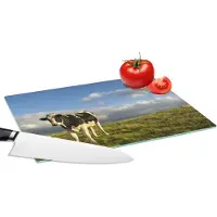 KitchenYeah Glazen Snijplank - 28x20 - Koe - Zwart - Wit - Gras - Snijplanken Glas