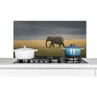 KitchenYeah Spatscherm keuken 100x50 cm - Kookplaat achterwand Olifant - Savanne - Dieren - Natuur - Muurbeschermer - Spatwand fornuis - Hoogwaardig aluminium