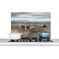 KitchenYeah Spatscherm keuken 90x60 cm - Kookplaat achterwand Schotse Hooglanders - Mist - Gras - Muurbeschermer - Spatwand fornuis - Hoogwaardig aluminium