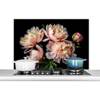 KitchenYeah Spatscherm keuken 100x65 cm - Kookplaat achterwand Pioenrozen - Bloemen - Natuur - Roze - Wit - Muurbeschermer - Spatwand fornuis - Hoogwaardig aluminium