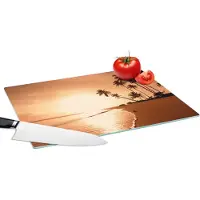 KitchenYeah Glazen Snijplank - 39x28 - Zonsondergang - Tropisch - Palmboom - Strand - Zee - Snijplanken Glas