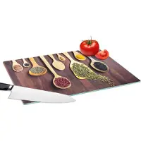KitchenYeah Glazen Snijplank - 39x28 - Verschillende kruiden op lepels - Snijplanken Glas - Keuken decoratie aanrecht