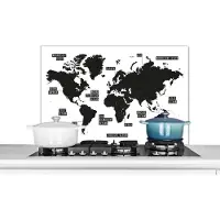 KitchenYeah Spatscherm keuken 90x60 cm - Kookplaat achterwand Wereldkaart - Zwart - Wit - Kinderen - Jongen - Meisje - Muurbeschermer - Spatwand fornuis - Hoogwaardig aluminium
