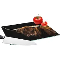 KitchenYeah Glazen Snijplank - 28x20 - Schotse Hooglander - Horens - Zwart - Dieren - Natuur - Wild - Koe - Snijplanken Glas