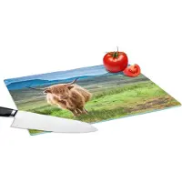 KitchenYeah Glazen Snijplank - 39x28 - Schotse hooglander - Koe - Natuur - Berg - Gras - Snijplanken Glas