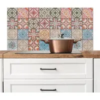 KitchenYeah Spatscherm keuken 100x50 cm - Kookplaat achterwand Retro - Tegels - Bloemen - Patchwork - Muurbeschermer - Spatwand fornuis - Hoogwaardig aluminium