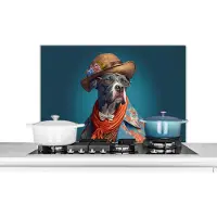 KitchenYeah Spatscherm keuken 80x55 cm - Kookplaat achterwand Hond - Colbert - Bloemen - Hoed - Blauw - Muurbeschermer - Spatwand fornuis - Hoogwaardig aluminium