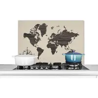 KitchenYeah Spatscherm keuken 80x55 cm - Kookplaat achterwand Wereldkaart - Hout - Kompasroos - Muurbeschermer - Spatwand fornuis - Hoogwaardig aluminium